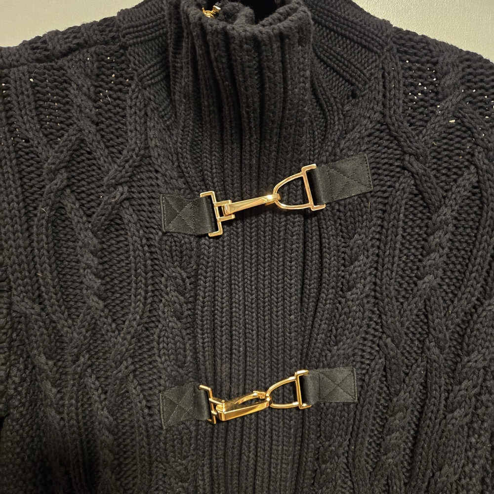 Ralph Lauren Black Cable Knit Turtleneck Sweater with Gold Buckles - Picture 2 of 11